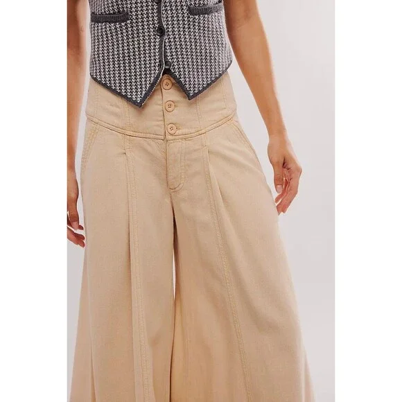 Free People Maxed Out Wide-Leg Trousers Pants Mid-Rise Pleated Beige S-6 278386